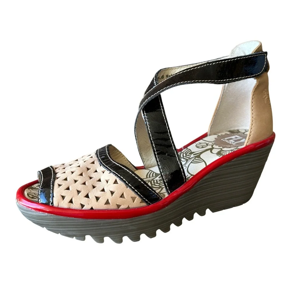 Fly London Ynes Beige Black Red Patent Leather Wedge Sandal  Womens 38 Quirky